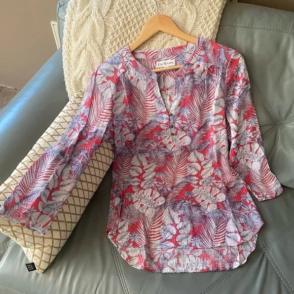 NWOT Tropical KIM ROGERS Roll Tab POPOVER Palm FLORAL BLOUSE Shirt TUNIC Top S - Picture 7 of 12